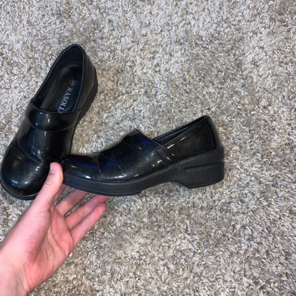 Black Rasolli Glossy Leather Clogs Size 6 - Picture 3 of 5